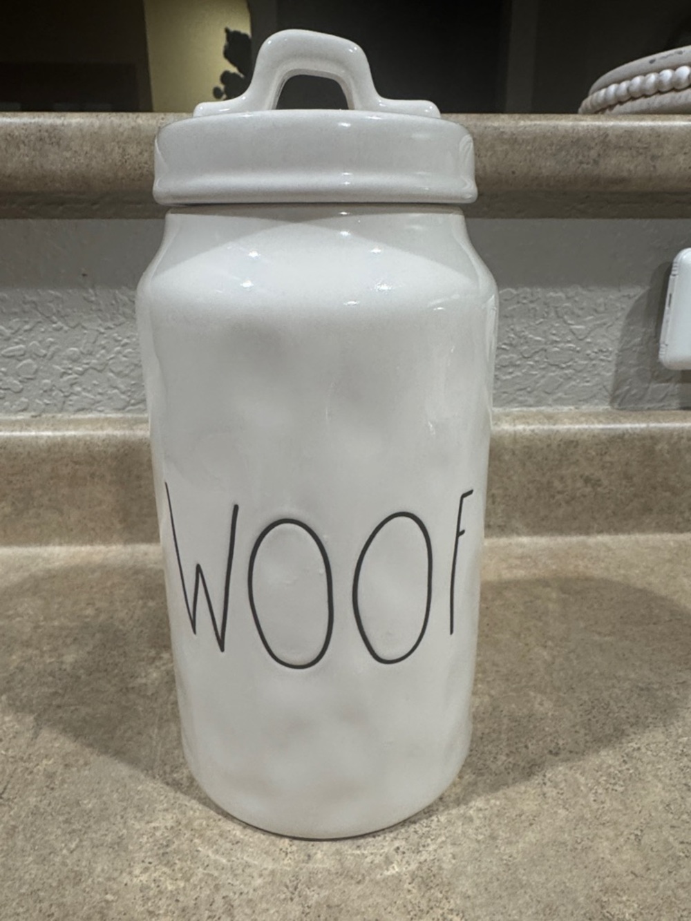 Rae Dunn White Ceramic 'WOOF' Treat Canister